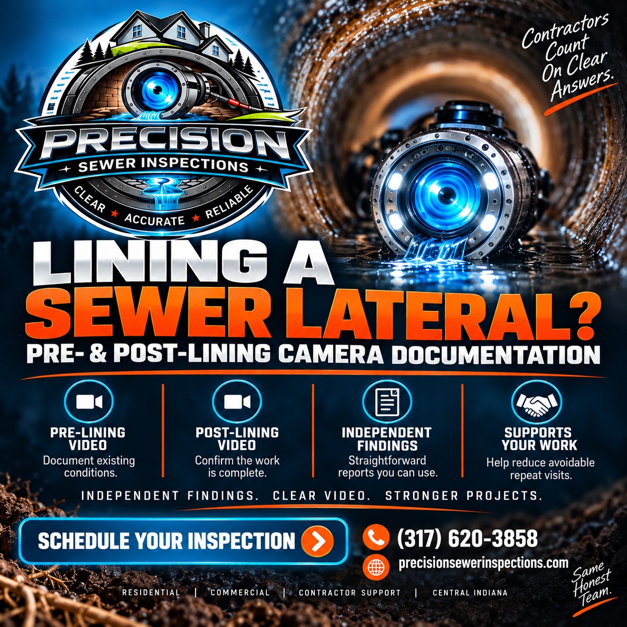 PSI pre- and post-lining camera documentation: call (317) 620-3858.
