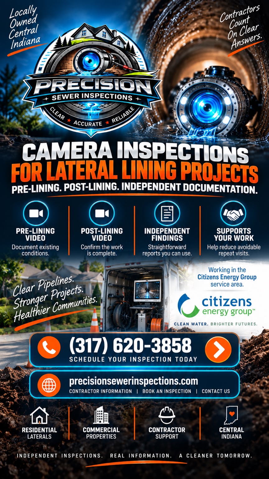 PSI camera inspections for lateral lining projects, pre-lining video, post-lining video, and independent documentation.